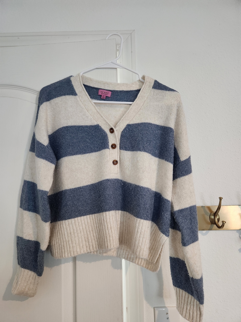mi ami Blue & Cream Striped V-Neck Button Sweater
